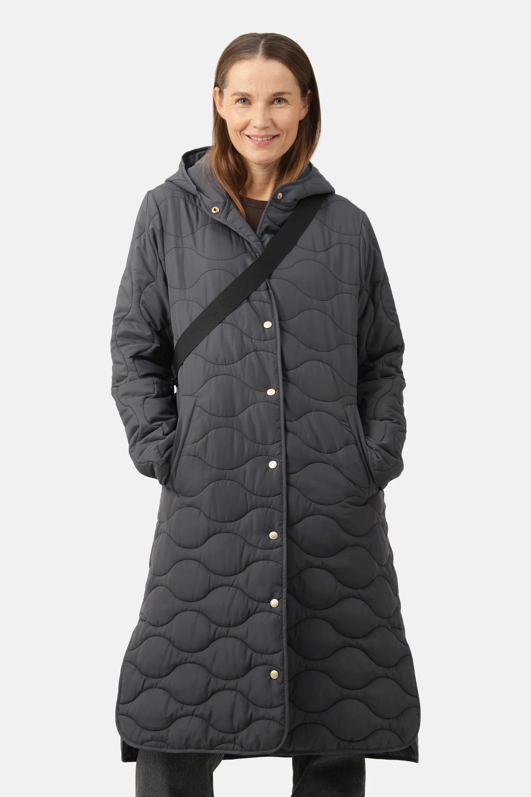 Quilted long jacket best sale