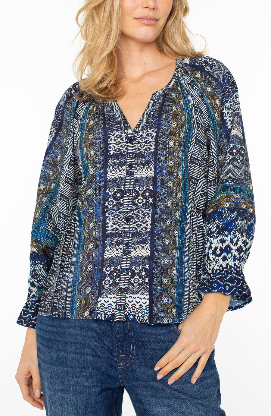 LP8J08 3/4 Sleeve Button Front Woven Blouse