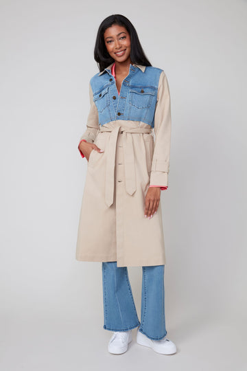 REN3916 Mixed Material Trench Coat