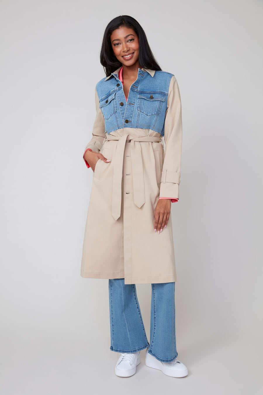 REN3916 Mixed Material Trench Coat