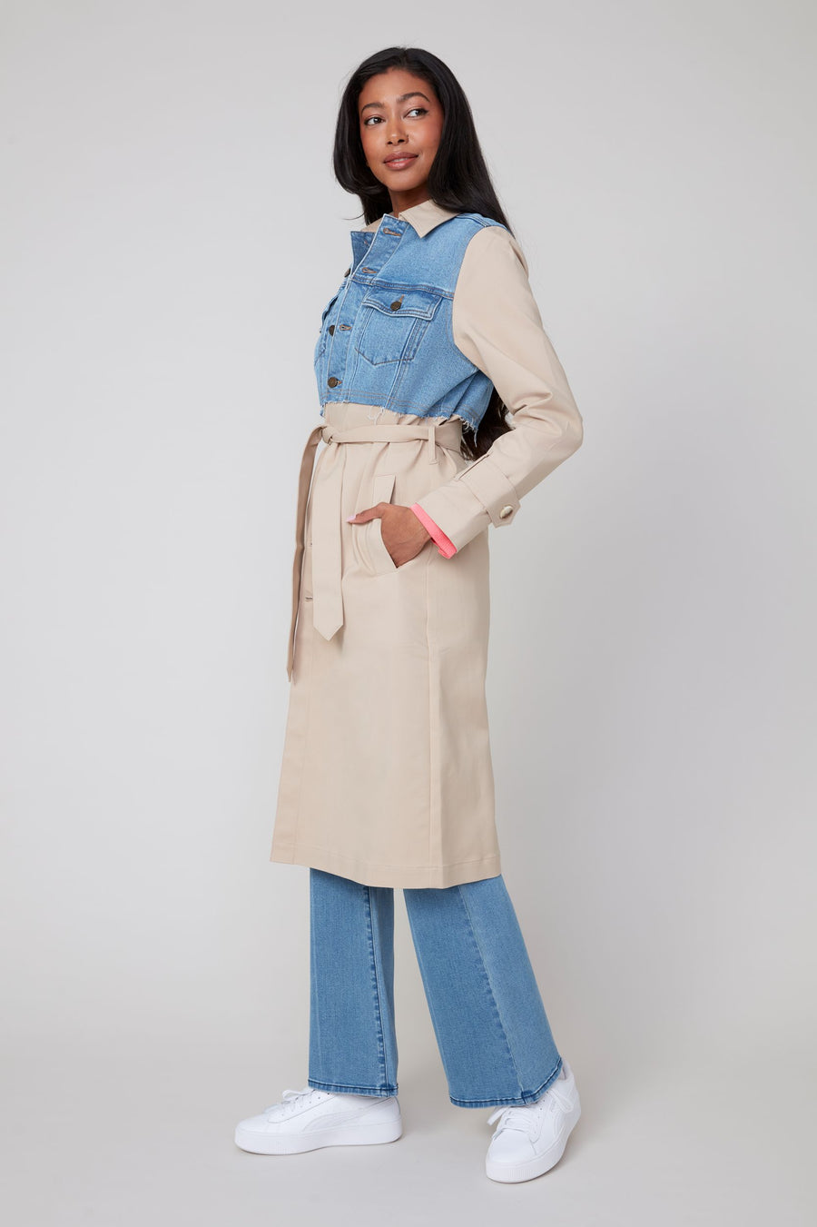 REN3916 Mixed Material Trench Coat