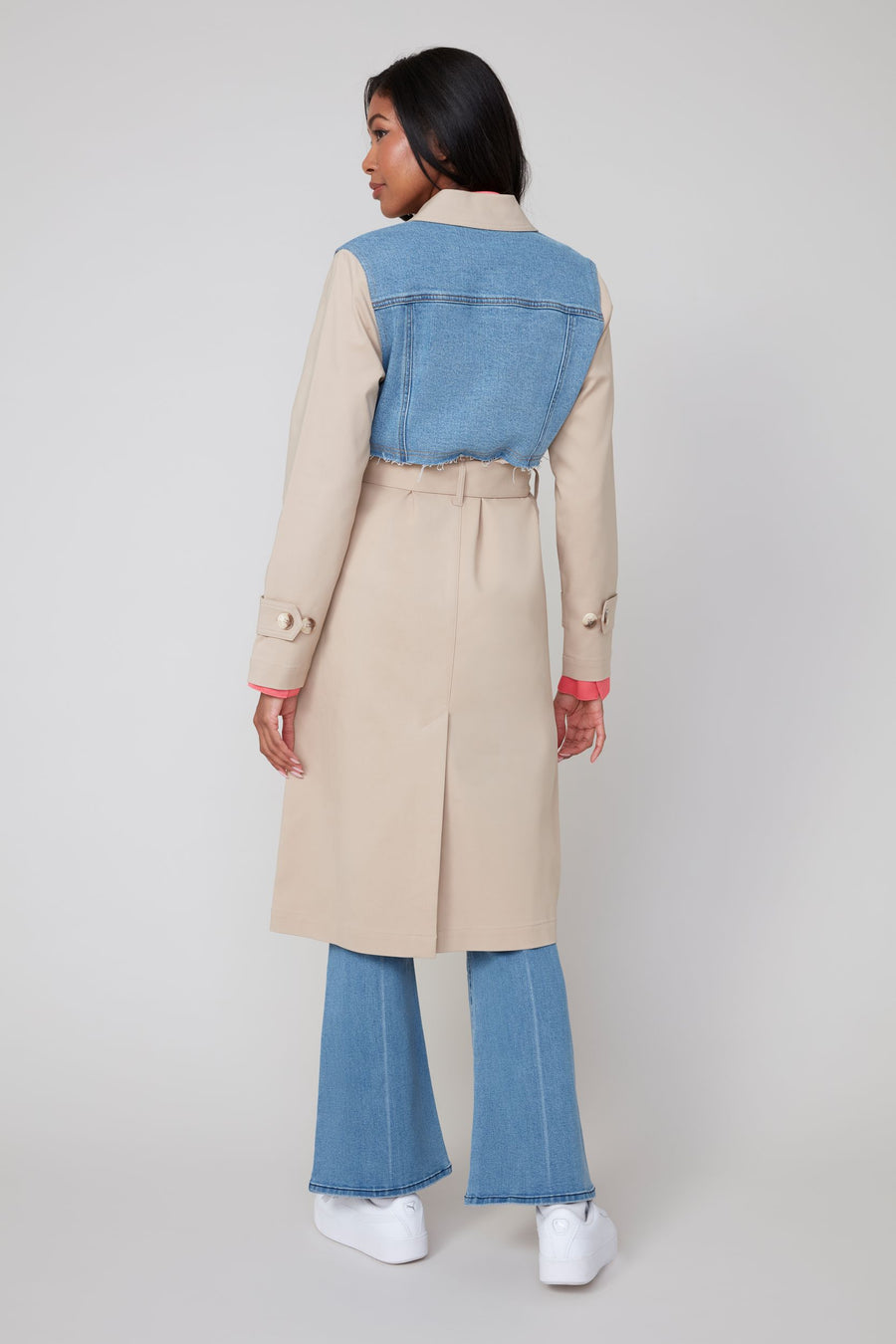 REN3916 Mixed Material Trench Coat