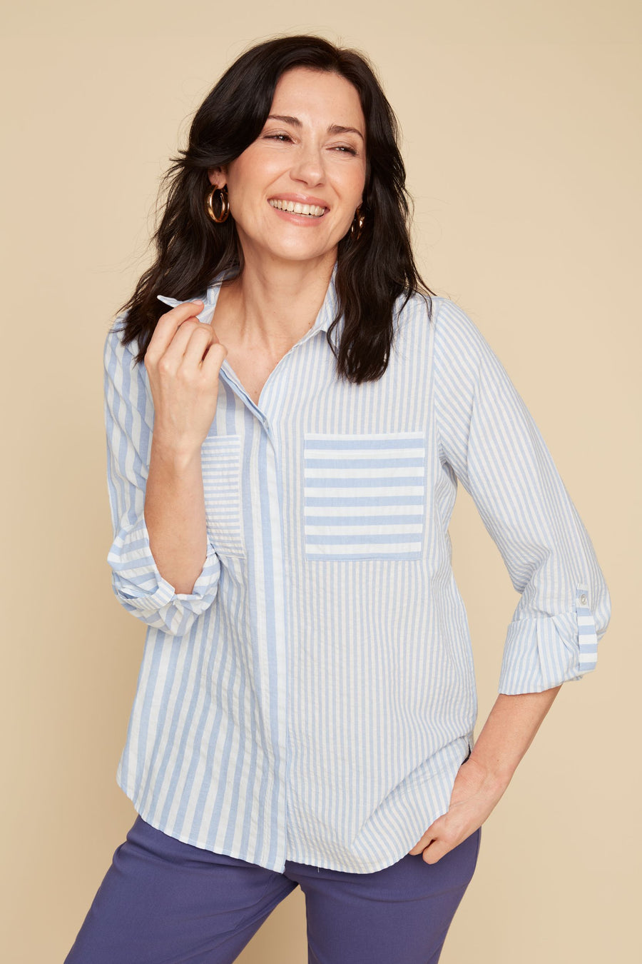 REN5166 L/S Mixed Stripe Pattern Blouse