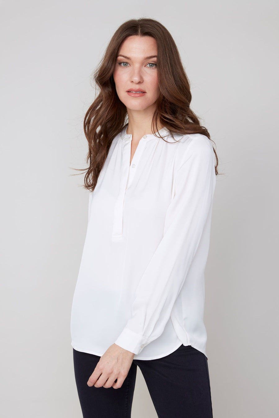 REN5200 Collarless Button Front Blouse