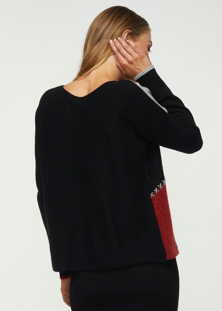 ZP5306 Boat Neck Knit Sweater W/Patch Work Design
