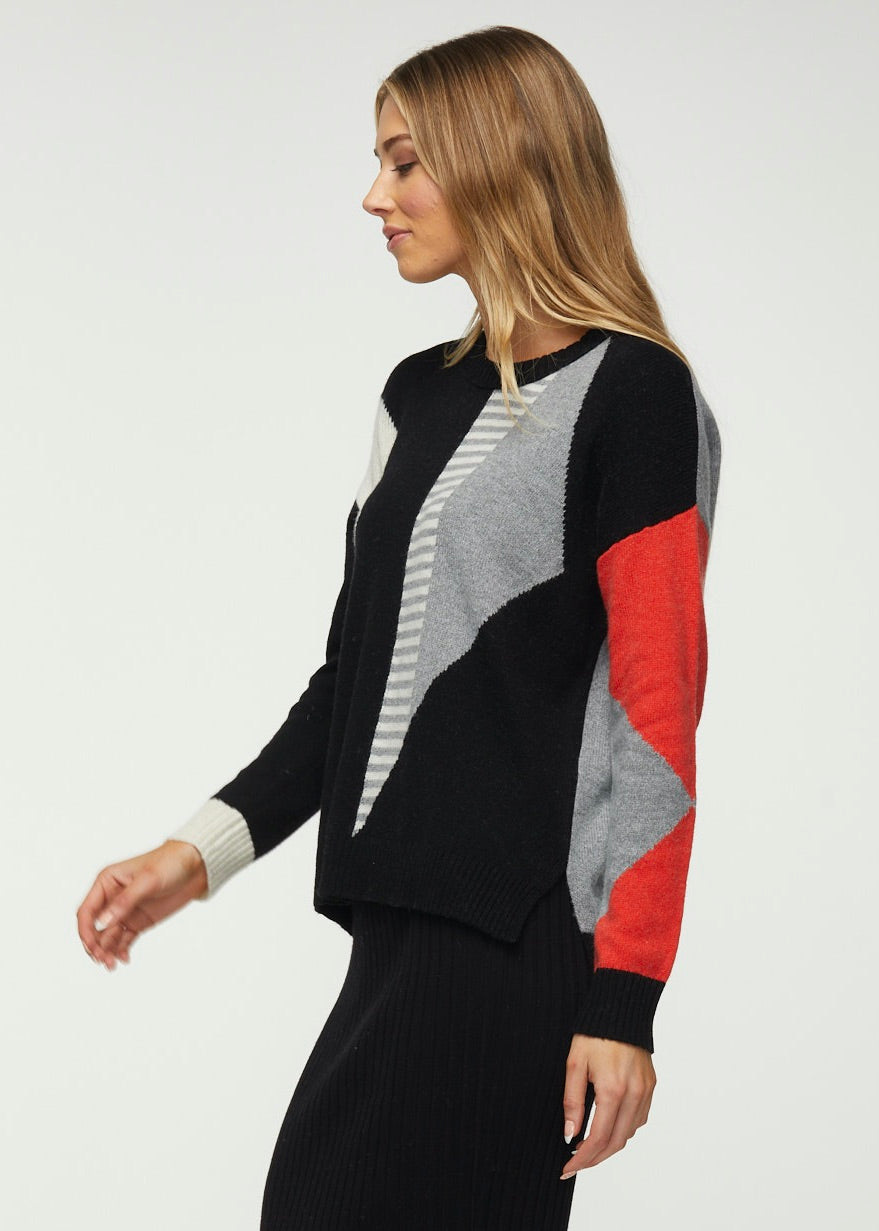 ZP5311 Knit Sweater W/Triangle Print And Striped Slvs