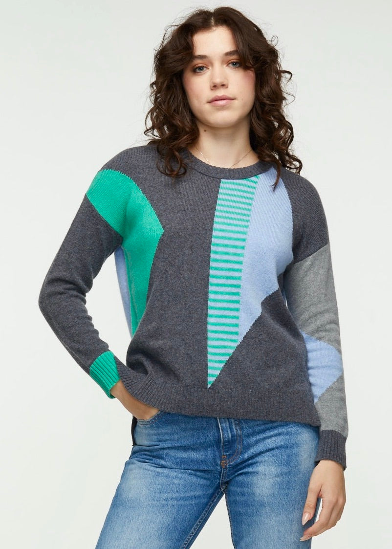 ZP5311 Knit Sweater W/Triangle Print And Striped Slvs