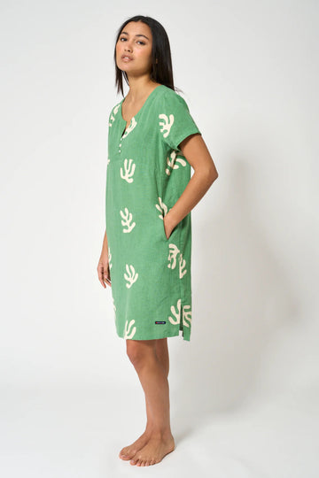 BAT2007 Printed Three - Button Linen Dress - kc clothing