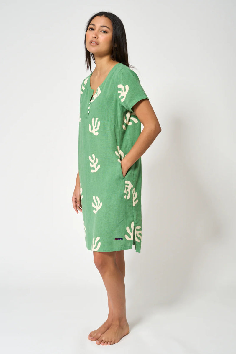 BAT2007 Printed Three - Button Linen Dress - kc clothing