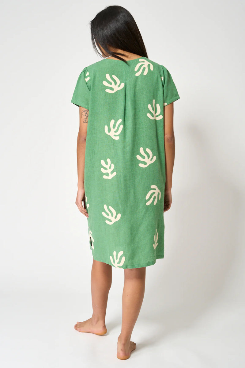 BAT2007 Printed Three - Button Linen Dress - kc clothing