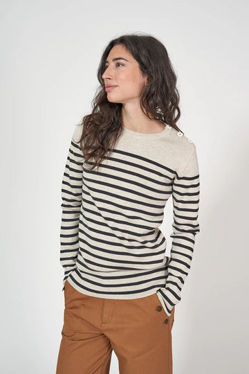 BAT3312 Striped Shoulder Button Sweater - kc clothing