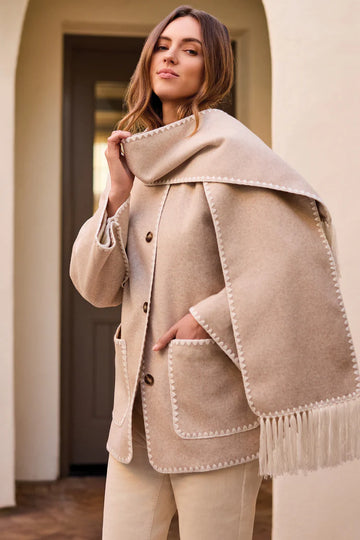 TR2287o Button Front Coat W/Detachable Scarf