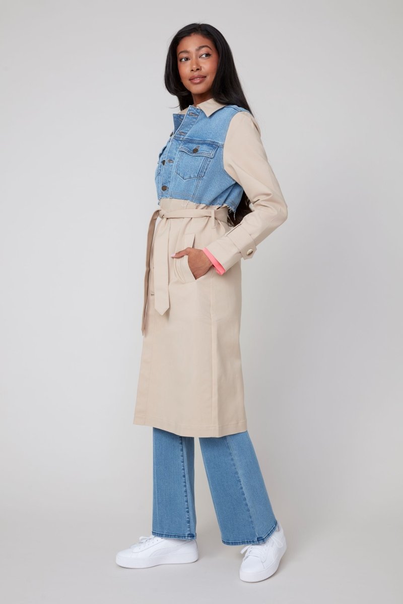 REN3916 Mixed Material Trench Coat - kc clothing