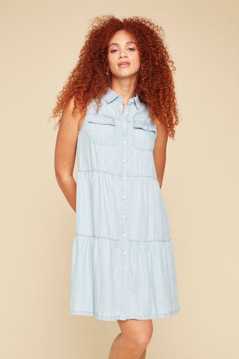 REN4334 Chambray Sleeveless Teired Dress - kc clothing