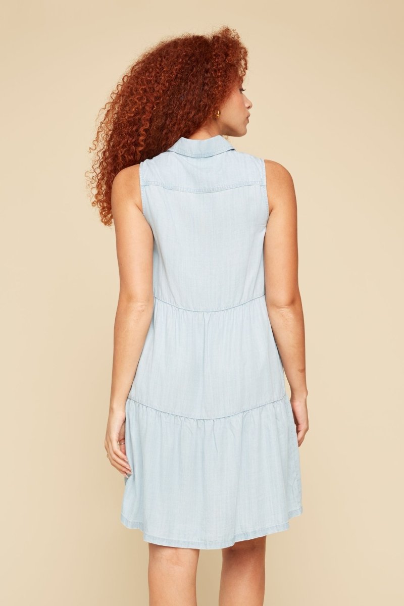 REN4334 Chambray Sleeveless Teired Dress - kc clothing