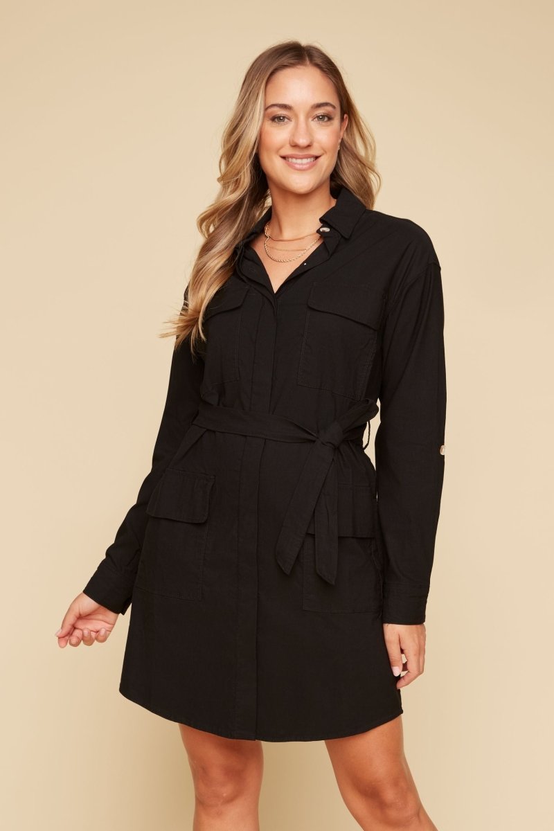 REN4344 L/S Belted Shirt Dress - kc clothing