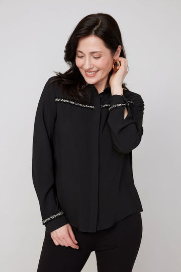 REN5142 Holiday Trim Button Up Blouse - kc clothing