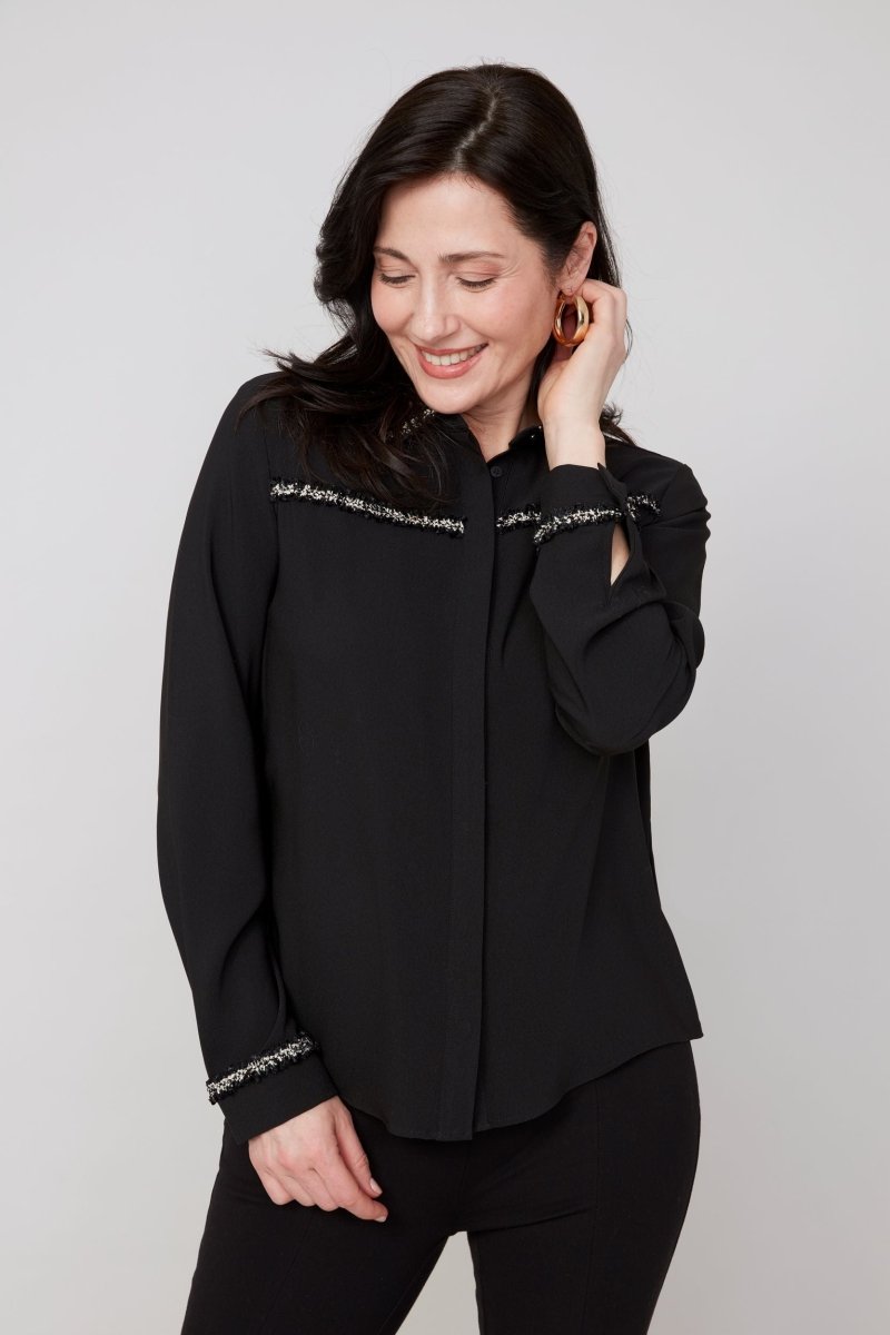 REN5142 Holiday Trim Button Up Blouse - kc clothing