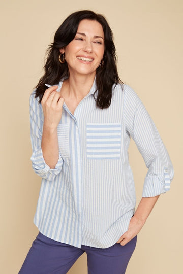 REN5166 L/S Mixed Stripe Pattern Blouse - kc clothing