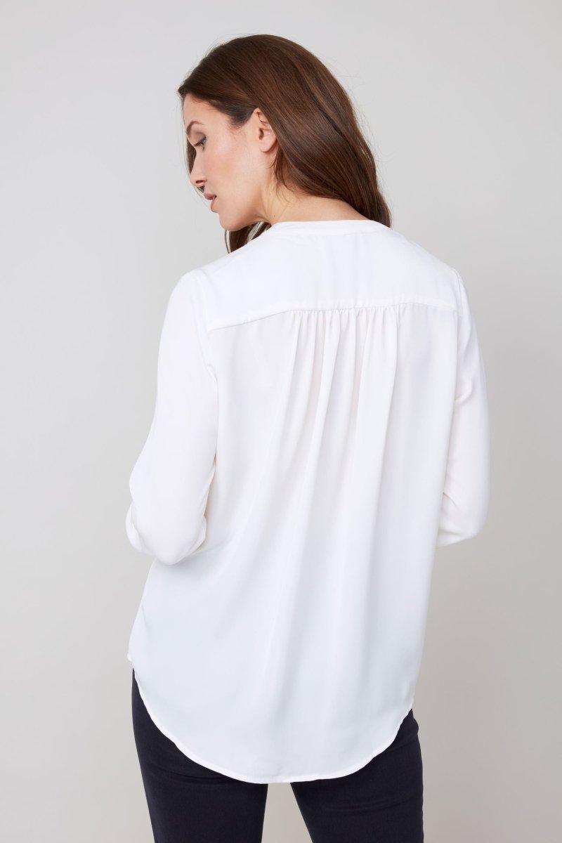 REN5200 Collarless Button Front Blouse - kc clothing