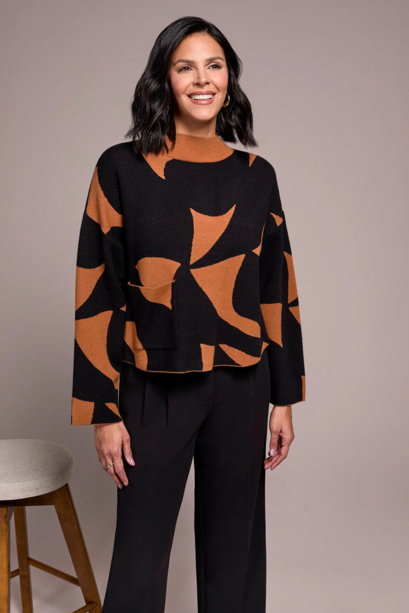 TR2315o Abstract Print Mock Neck Sweater - kc clothing