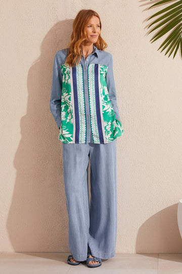 TR5459o Mixed Media Button Up Shirt - kc clothing