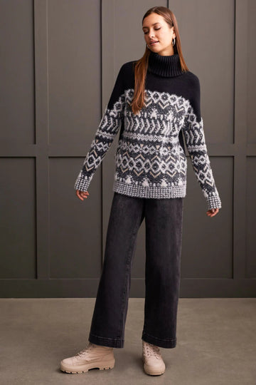 TR5645o Turtleneck Fuzzy Intarsia Sweater - kc clothing