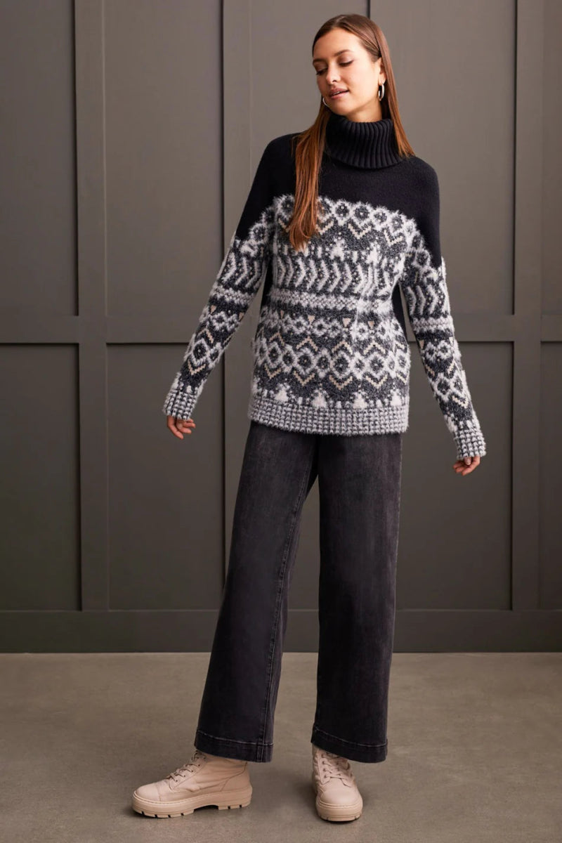 TR5645o Turtleneck Fuzzy Intarsia Sweater - kc clothing