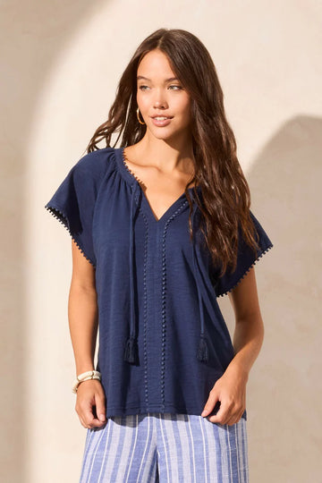 TR2192o S/S Split Neck Top W/Tassles