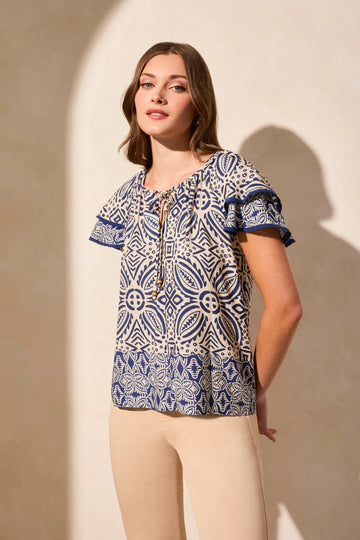 TR2163o Flutter Sleeve Crew Neck Blouse