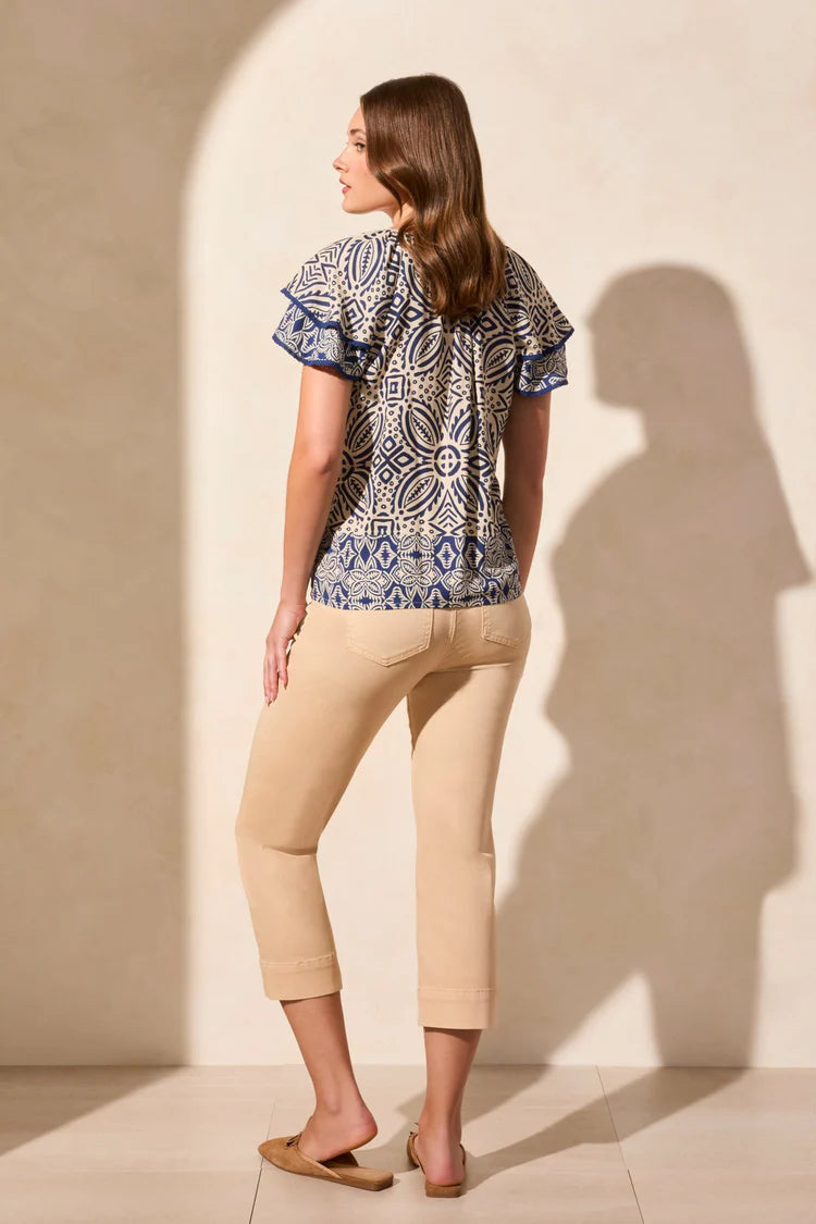TR2163o Flutter Sleeve Crew Neck Blouse