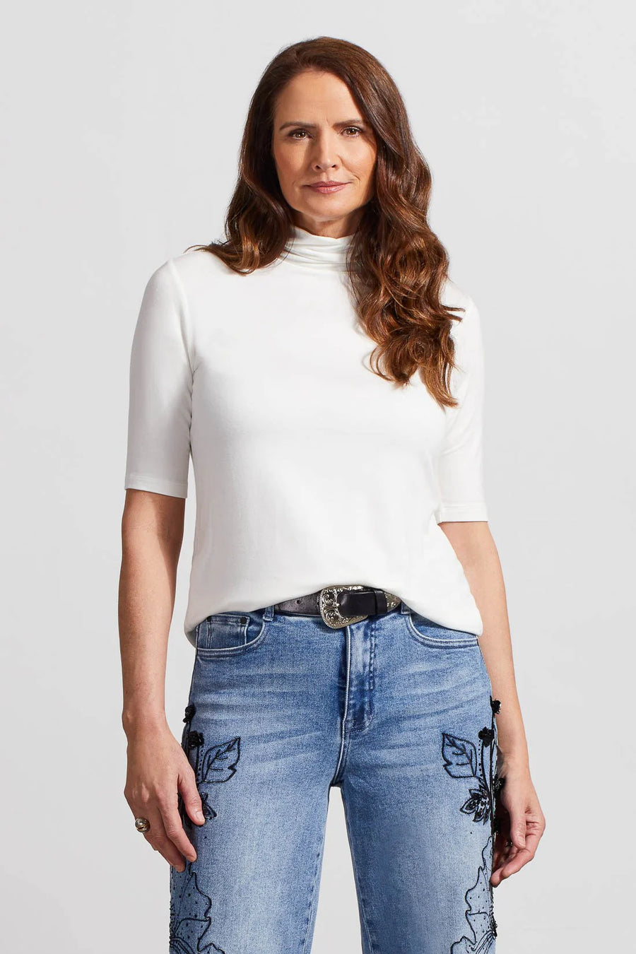 TR7943o Mock Neck Elbow Sleeve Top