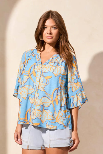 TR2158o Elbow Sleeve Button Front Blouse
