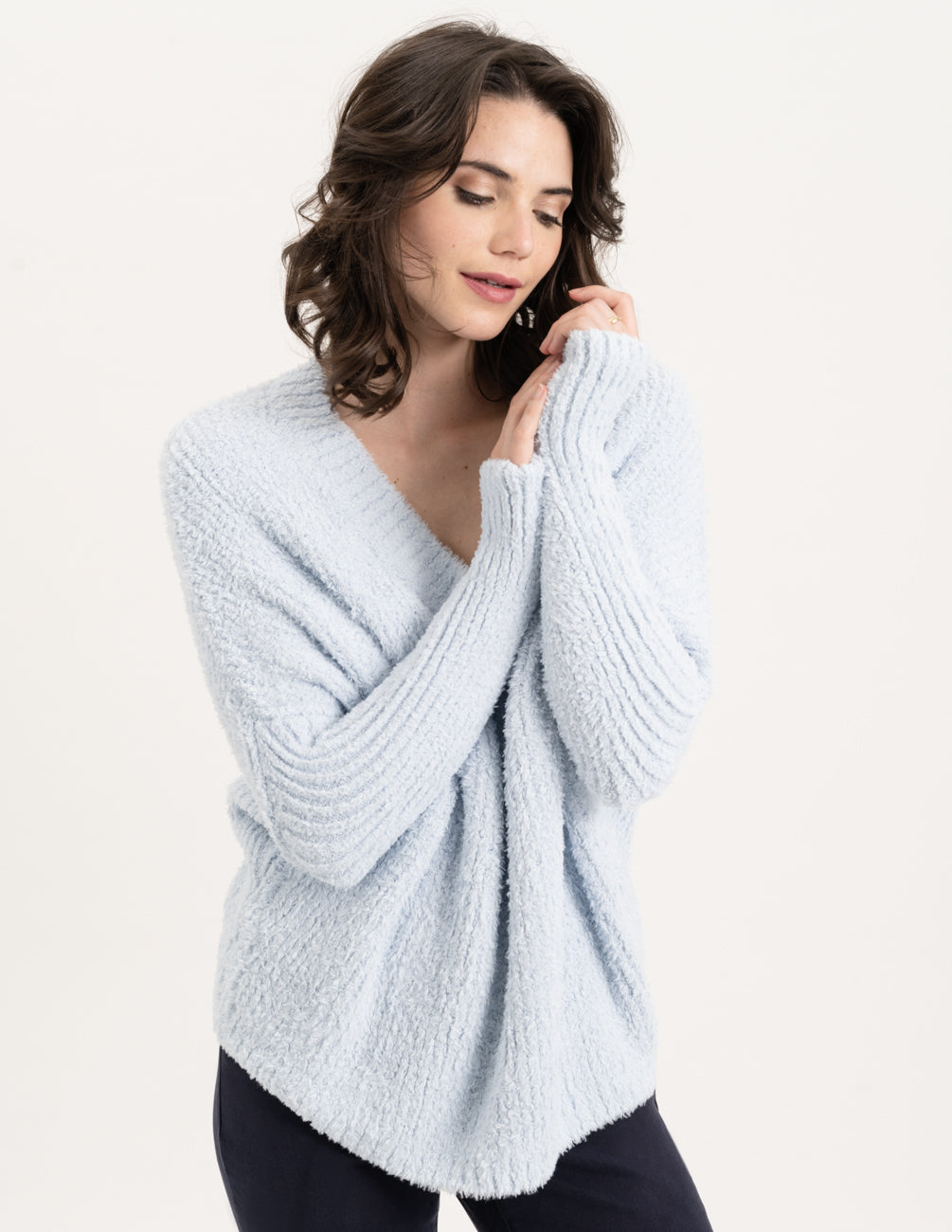 REN6800 Fuzzy V Neck Sweater